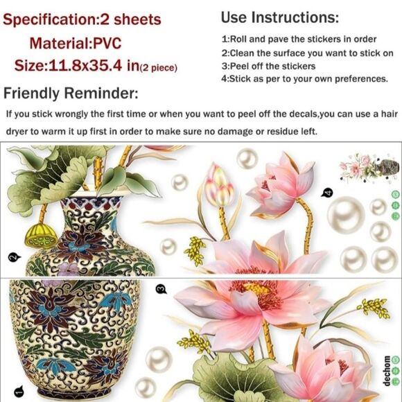 Peel and Stick Wall Decor Sticker Decorative Vase with Pink Lotus Design - Picture 4 of 9